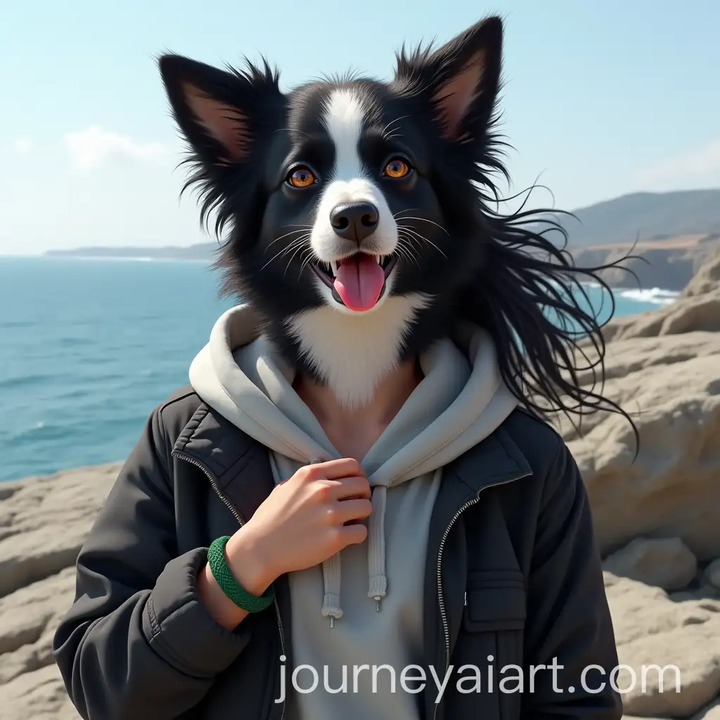 Young-Woman-Inspired-by-Border-Collie-on-Rocky-Coastline