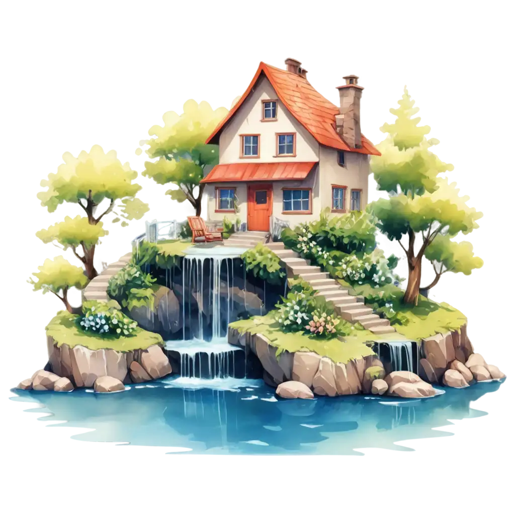 Whimsical-Cartoon-House-with-Waterfalls-and-Garden-HighQuality-PNG-Illustration-for-Digital-Media