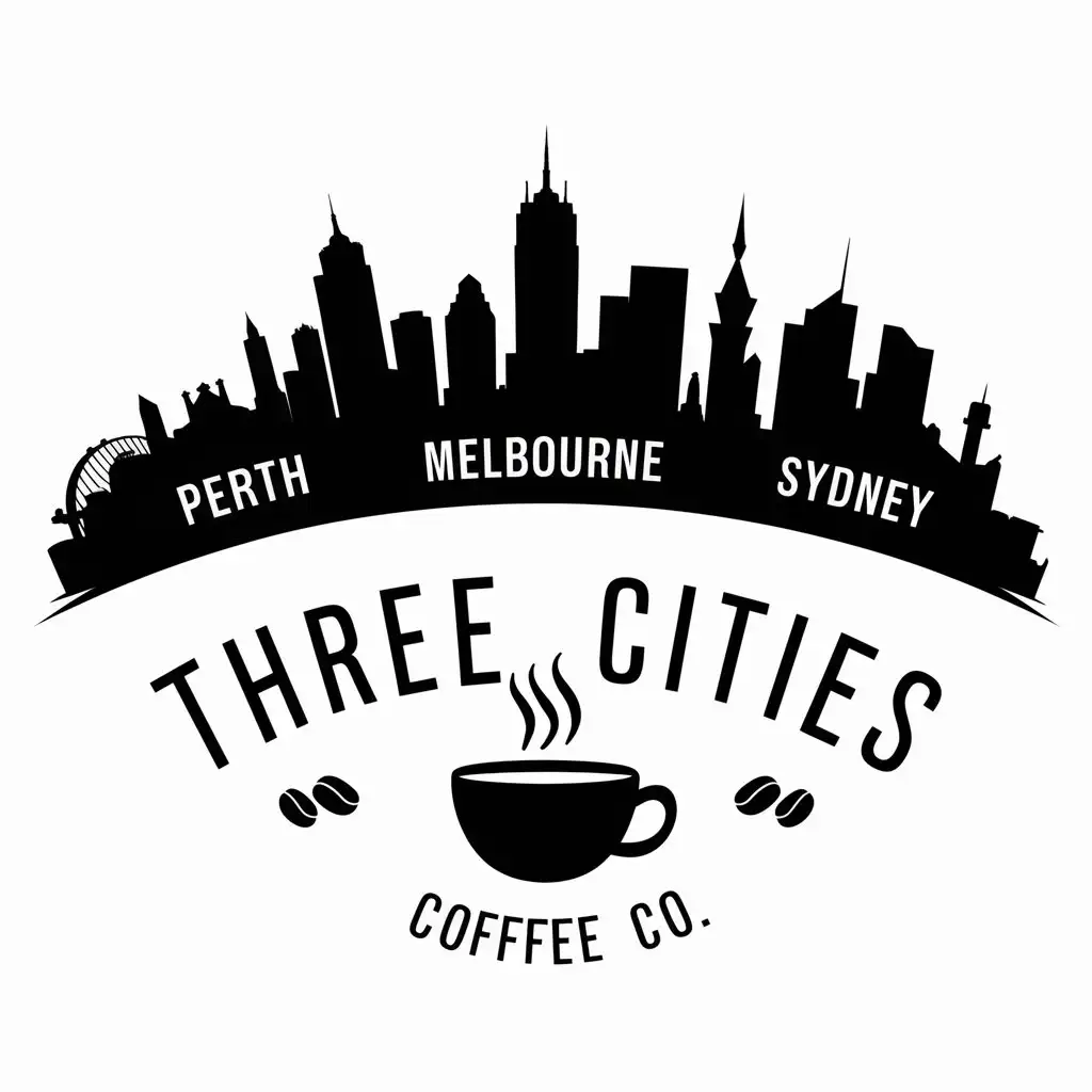 silhouette skyline of perth, melbourne and sydney combined with the words three citiies coffee co written below as a logo for a coffee company brand