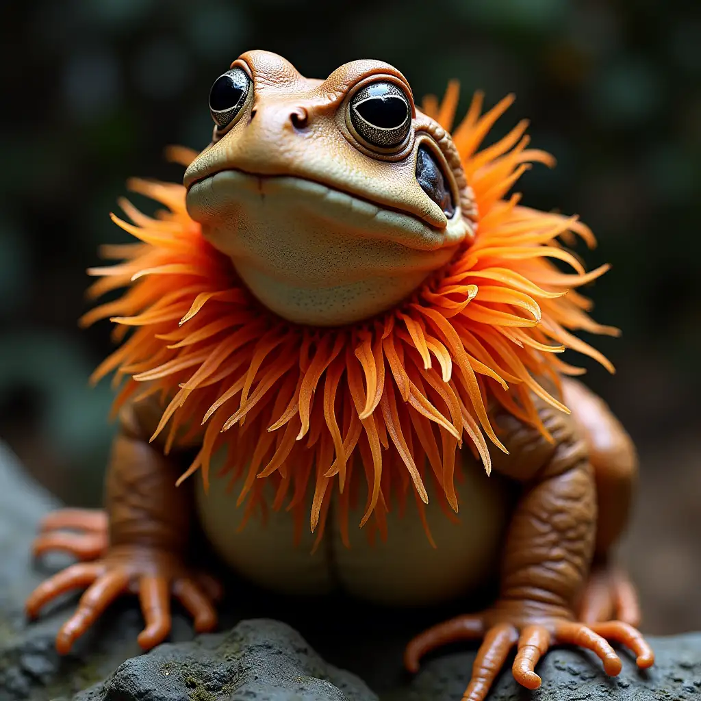 A bulbous brown toad with a fringed of neon fur around its neck and sides like a boa scarf.