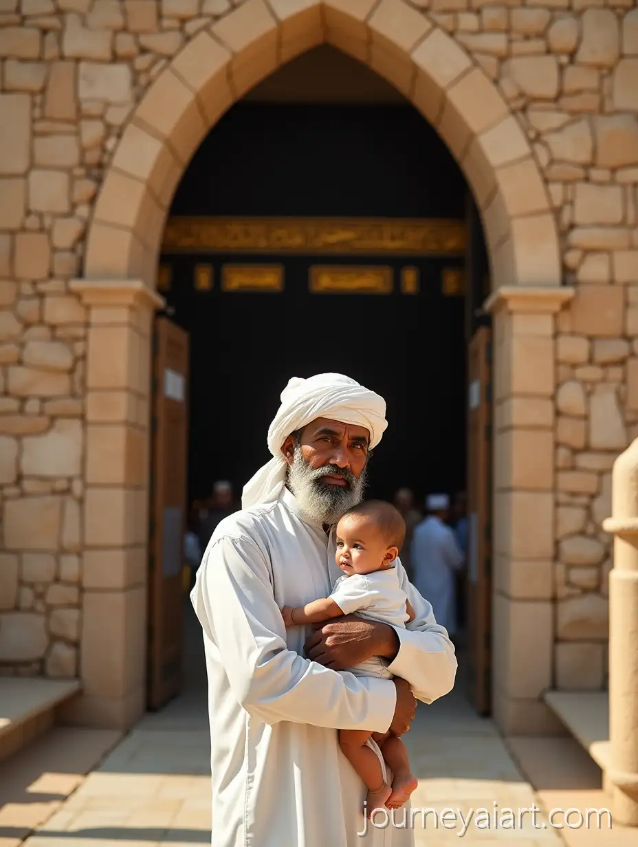 Old-Arab-Man-Holding-Baby-in-Front-ofAI-Art-Prompt-Expansion-Ancient-Kaaba-with-Desert-Dust-and-Stone-Houses