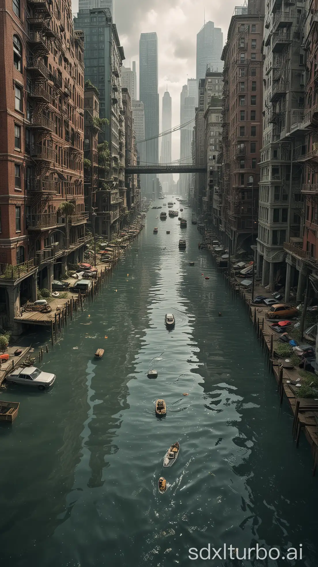 A dramatic, realistic image of a city partially submerged after a 200-foot sea level rise. Skyscrapers poke out above the waterline, while iconic bridges are now only partially visible. Smaller buildings are entirely underwater, and people navigate the streets by boat. The scene captures the profound impact of a drastically altered coastline.