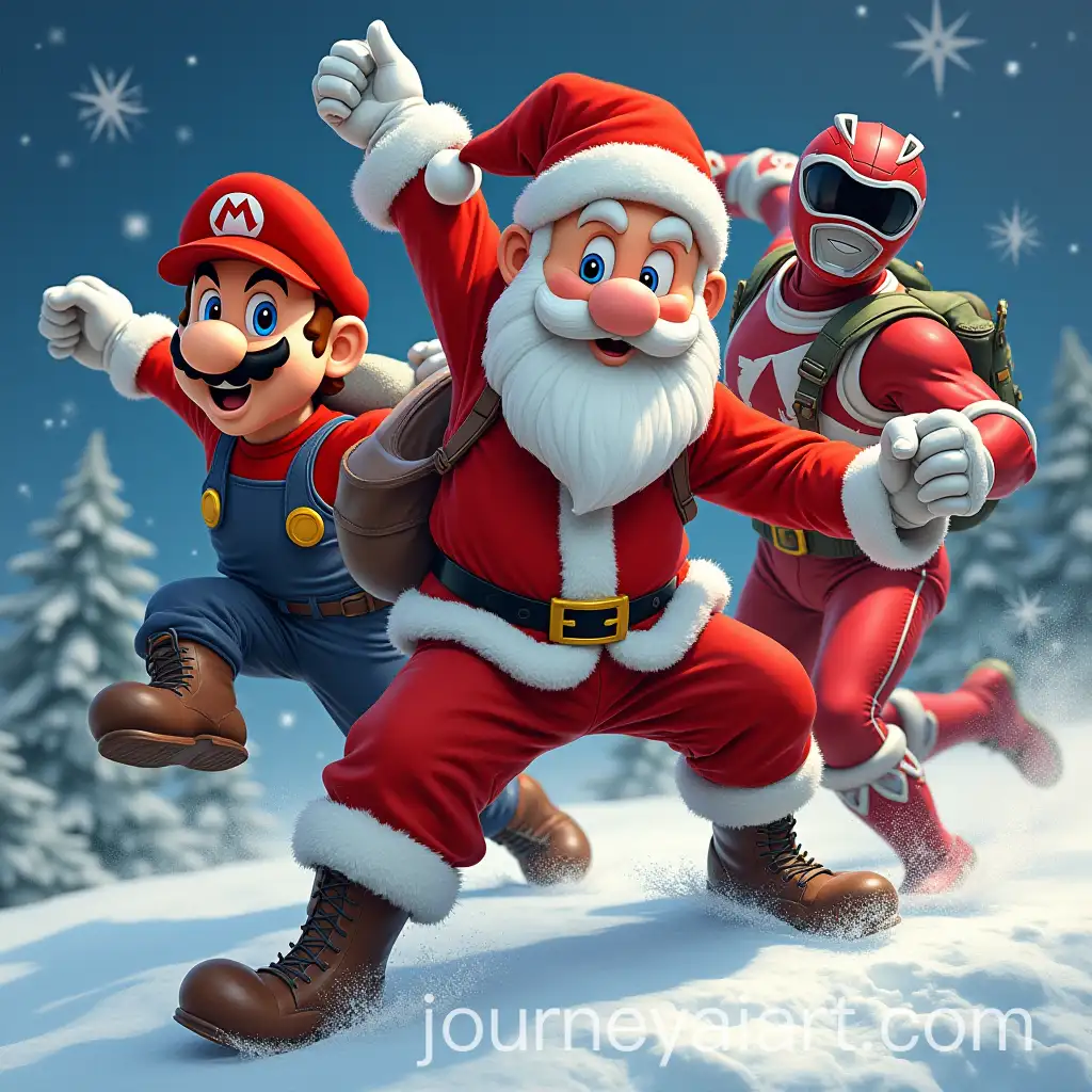 Santa-Claus-Super-Mario-and-Red-Power-Ranger-Performing-Action-Moves