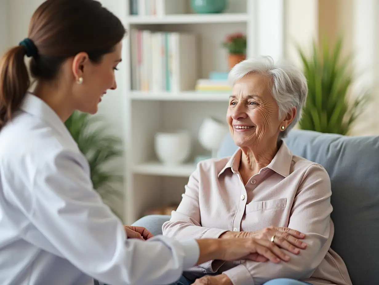 Caring doctor supporting senior female cancer patient at home