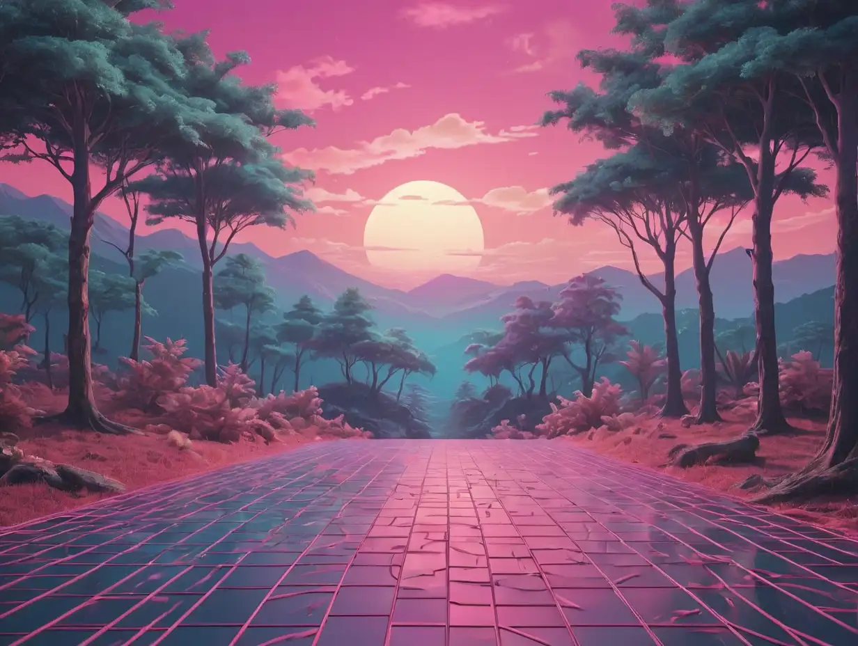 Vaporwave-Landscape-with-Mesh-Floor-and-Trees