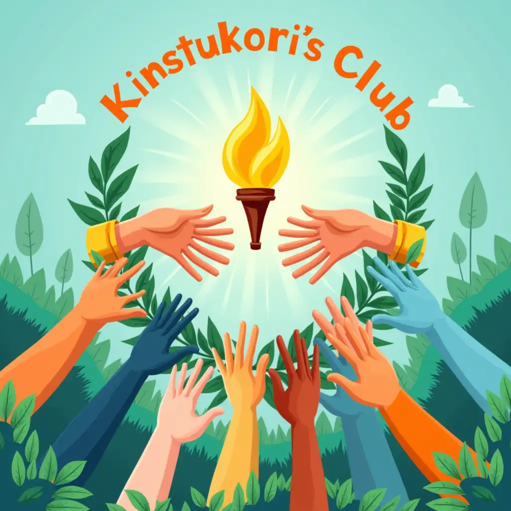 A vibrant club-themed banner for a community newsletter named Kinstukori's Club Community Newsletter, featuring symbols of unity such as hands joined in a circle, a glowing torch symbolizing leadership, and a background of greenery to represent growth and sustainability. The banner should have cheerful colors like blues, greens, and golds, and incorporate a clean and modern font for text