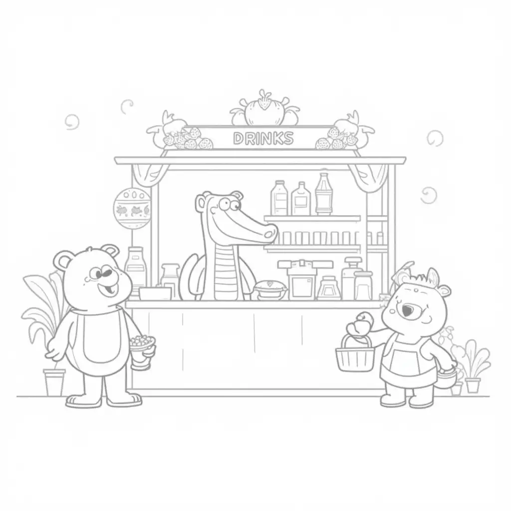 Crocodile-Vendor-at-Cheerful-Drink-Stand-with-Friendly-Bear-and-Strawberry-Sign