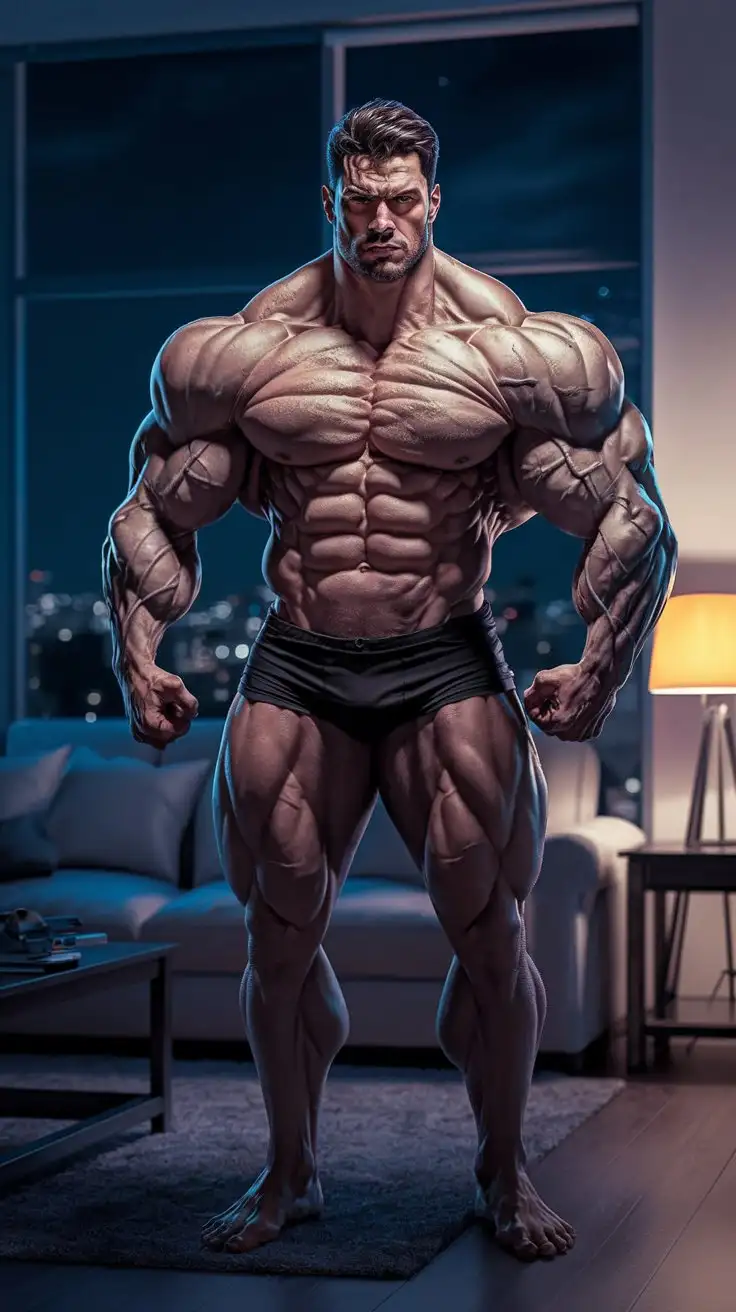 Powerfully-Muscled-35YearOld-Hero-Standing-Boldly-in-His-Apartment-at-Night