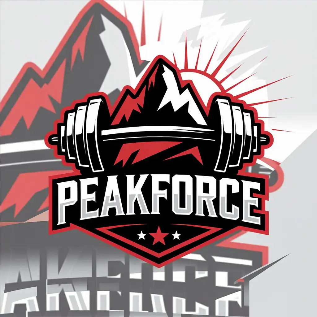 LOGO Design for PeakForce Mountain Peak with Dumbbell and Rising Sun in Red and Black for Sports Fitness Industry