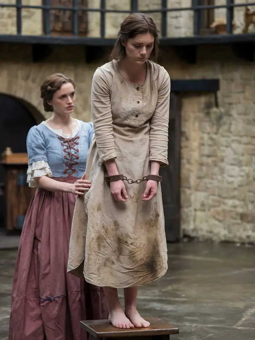 Prisoner Woman in Historic Jail Yard with Rich Lady Handcuffed Scene