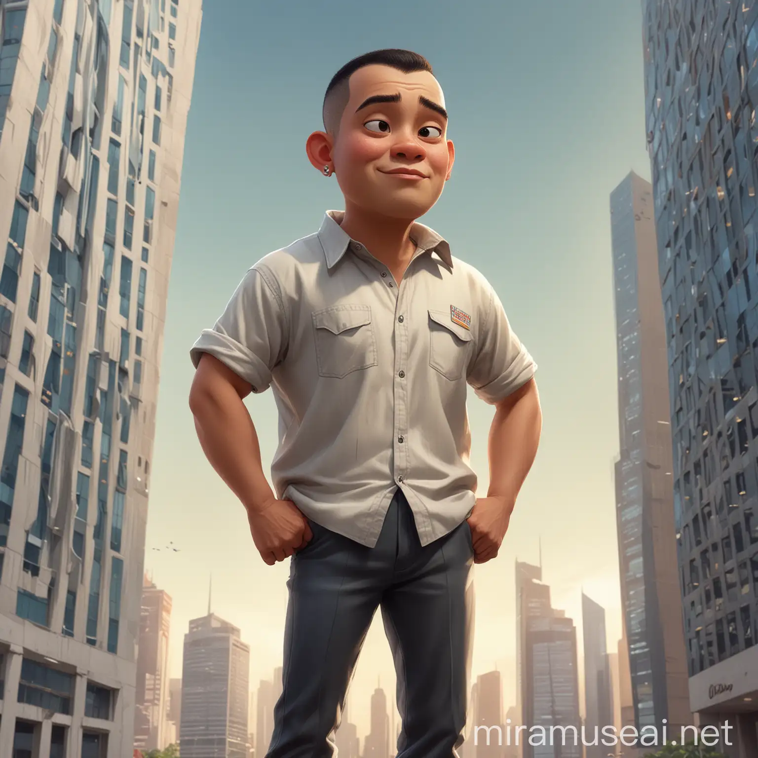 Indonesian Man Standing at Skyscraper Disney Style Full Body Character Design