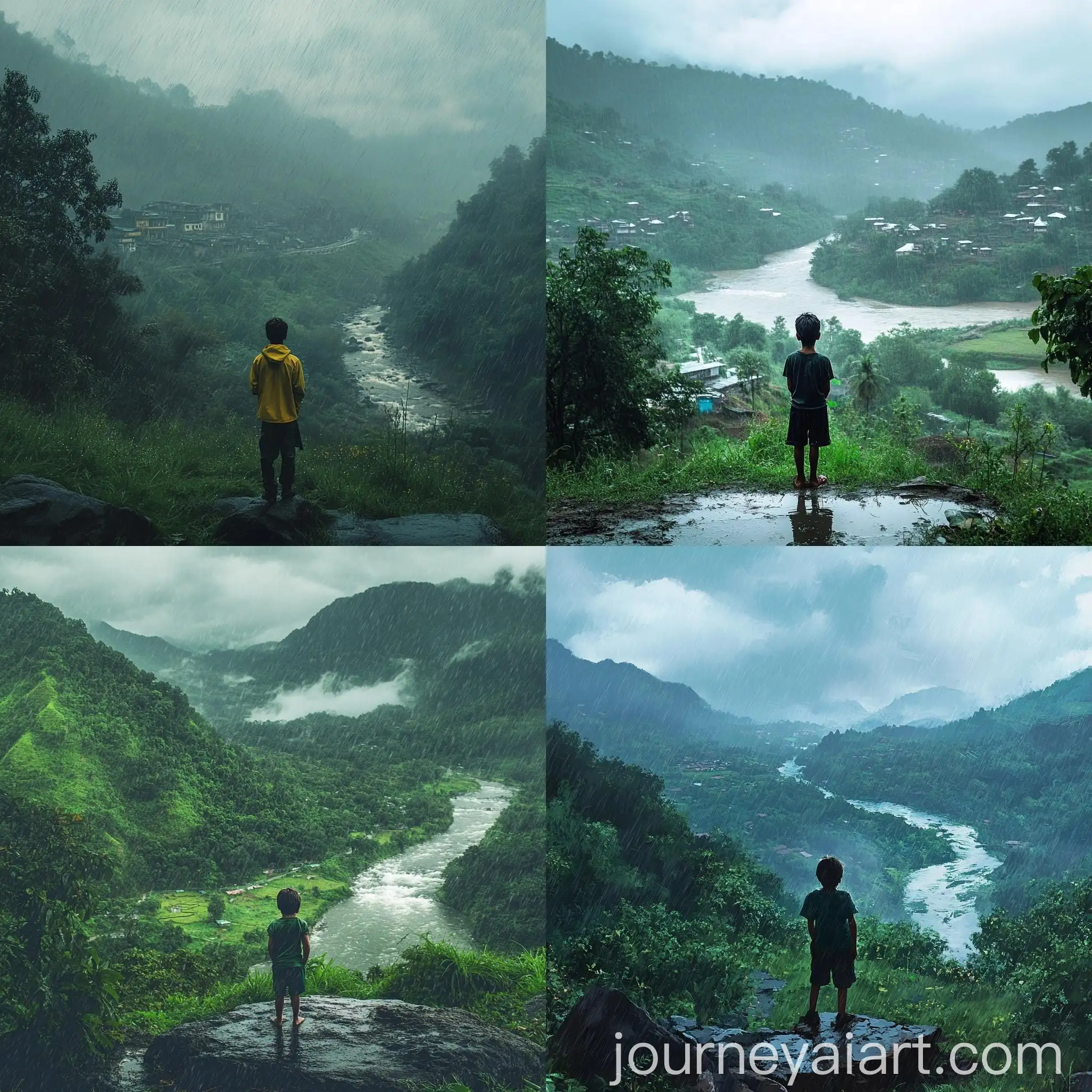 Boy-Standing-in-Rain-on-Green-Hill-Station-with-Flowing-River
