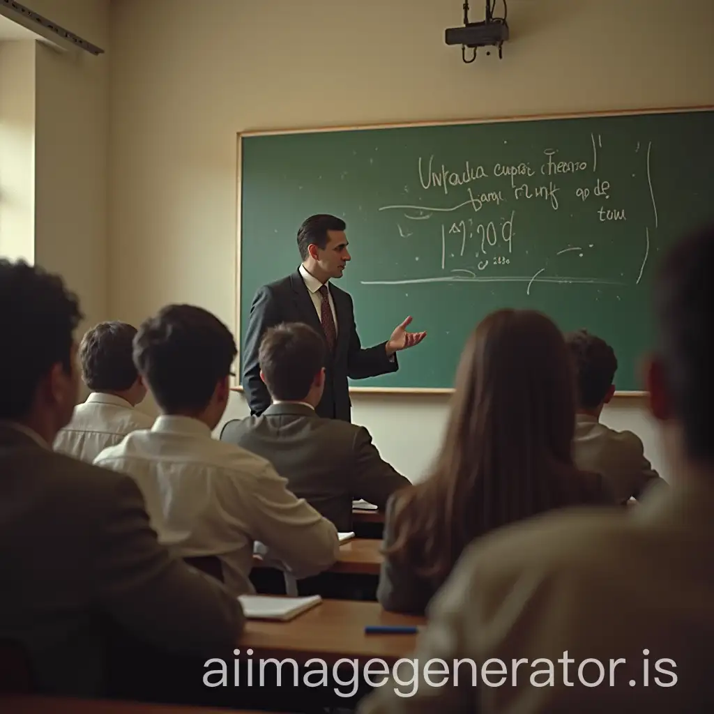 Like a teacher, you are going to create a realistic image, with photo quality, where adult students are seen in a university classroom, learning. The students are dressed formally. The teacher is at the front, a man wearing a suit. The picture is set in 1960s Argentina and has a vintage style.