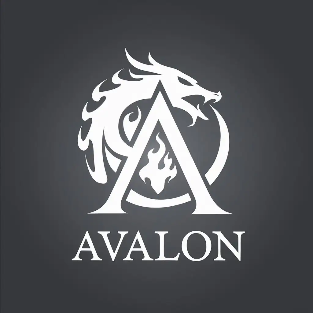 LOGO Design for Avalon White Letter A Surrounded by Flames or Dragon on Dark Gray Background