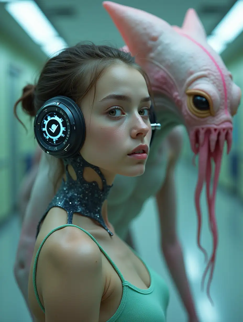 Cybernetized-Girl-with-Indicator-Implants-and-Pastel-Alien-Monster-in-Background