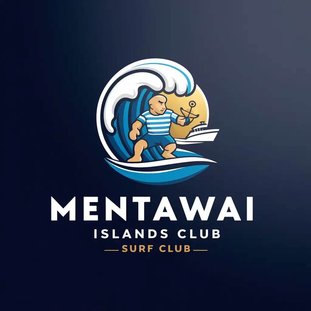 LOGO Design for Mentawai Islands Surf Club Blue White Gold with Surfboard Waves and Boat Theme