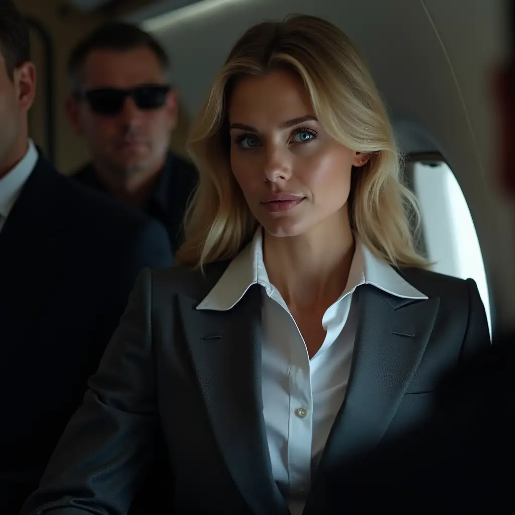 beautiful 30-year-old Russian woman, light blond hair, striking light blue eyes, 188 cm tall, perfect defined body, breathtaking beauty, elegant gray suit, white shirt, sitting in luxurious Bombardier Global 5000 executive jet, dark night atmosphere, cabin lights softly illuminating, captured from a distance, side angle, secret service agents in black suits and sunglasses, protective stance, high detail, Midjourney style