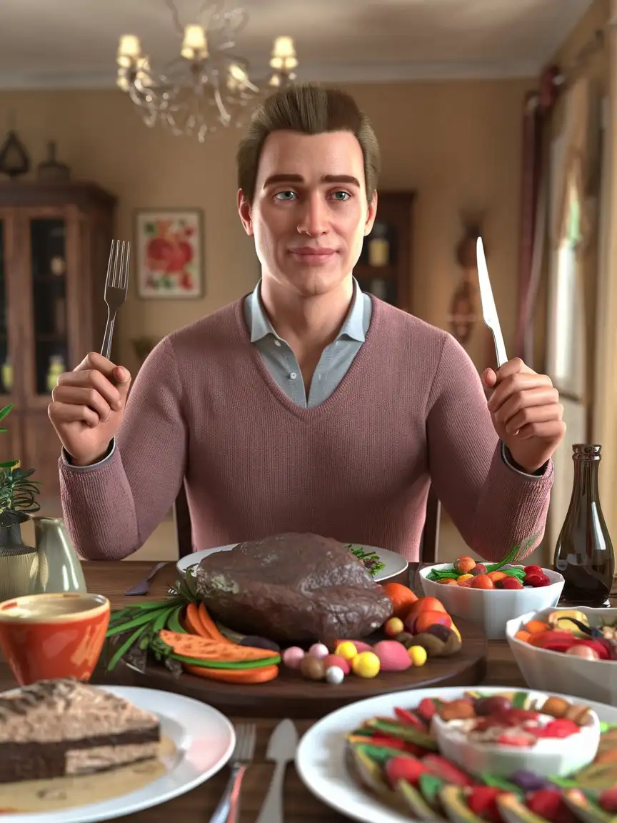 Happy-Man-Enjoying-Abundant-Meal-at-Table-with-Spoon-and-Fork