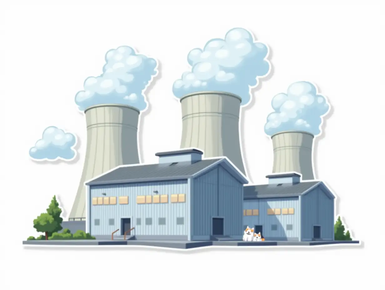 isometric vector sticker:  two industrial buildings of silver color with cylindrical roofs, behind them 3 large cooling towers of light gray-silver color, clouds rise from the cooling towers. There are small white cats in office clothes nearby. The overall image mimics the appearance of a cut-out laminated sticker, the sticker is bright in the anime style. The overall image mimics the appearance of a cut-out laminated sticker, the sticker is bright in the anime style.  die cut sticker design top-view, high resolution, vector art,  white background, paint in anime style