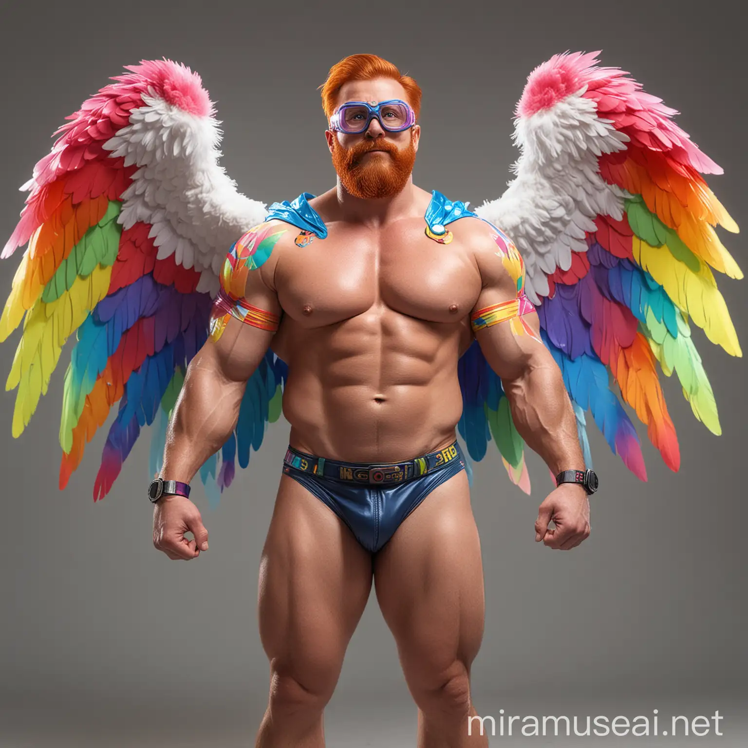 Muscular Red Head Bodybuilder Flexing with Rainbow Eagle Wings Jacket