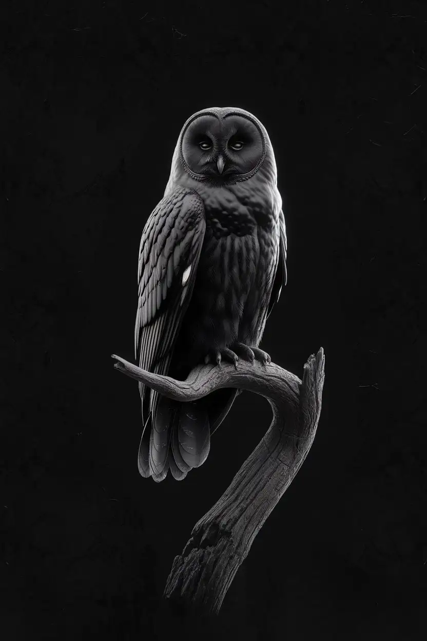 A hyper-realistic image of a majestic all-black owl perched solemnly on a twisted tree branch, centered in the frame. The owl's feathers are matte black with subtle, iridescent undertones. Its eyes glow faintly, reflecting a deep intelligence and mystery. The background is completely solid black, with no texture, scenery, or light—creating a stark, minimalist contrast that makes the owl appear as though it’s emerging from the shadows. The composition is haunting, cinematic, and symbolically powerful.