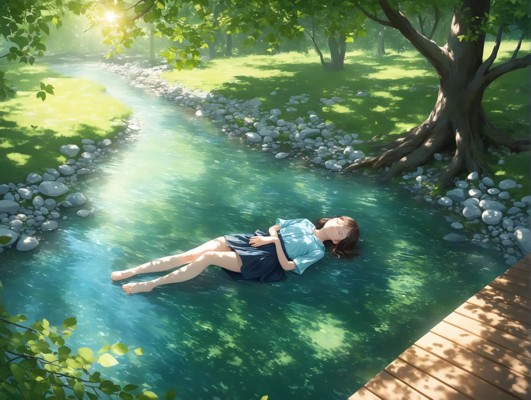 A serene summer scene featuring a young girl lying peacefully on a wooden deck by a crystal-clear stream. The girl is wearing a light blue shirt and a dark skirt, her eyes closed, enjoying the calm atmosphere. The deck is shaded by overhanging tree branches with lush green leaves, casting dappled sunlight onto the surface. Below the deck, the stream is filled with vibrant blue and green hues, with smooth stones visible beneath the water. The mood is tranquil and refreshing, evoking the essence of a quiet, sunny afternoon in nature.