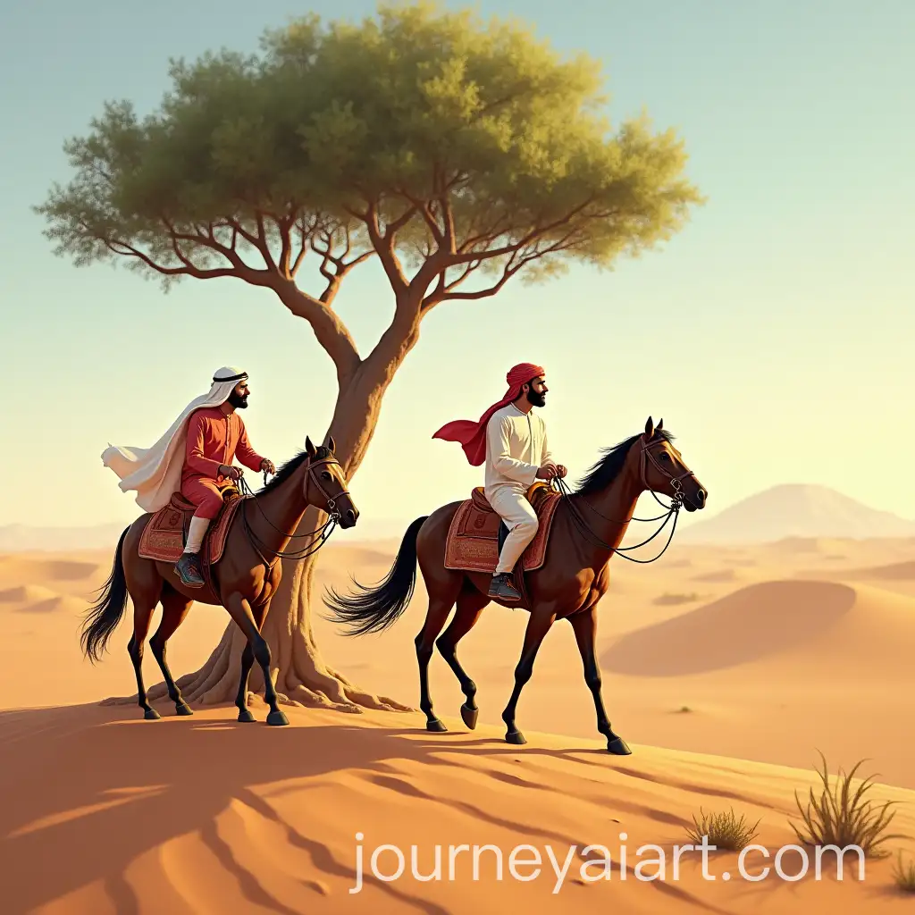 Middle-Eastern-Arab-Men-Riding-Horses-and-Talking-Near-a-Tree-in-the-Desert
