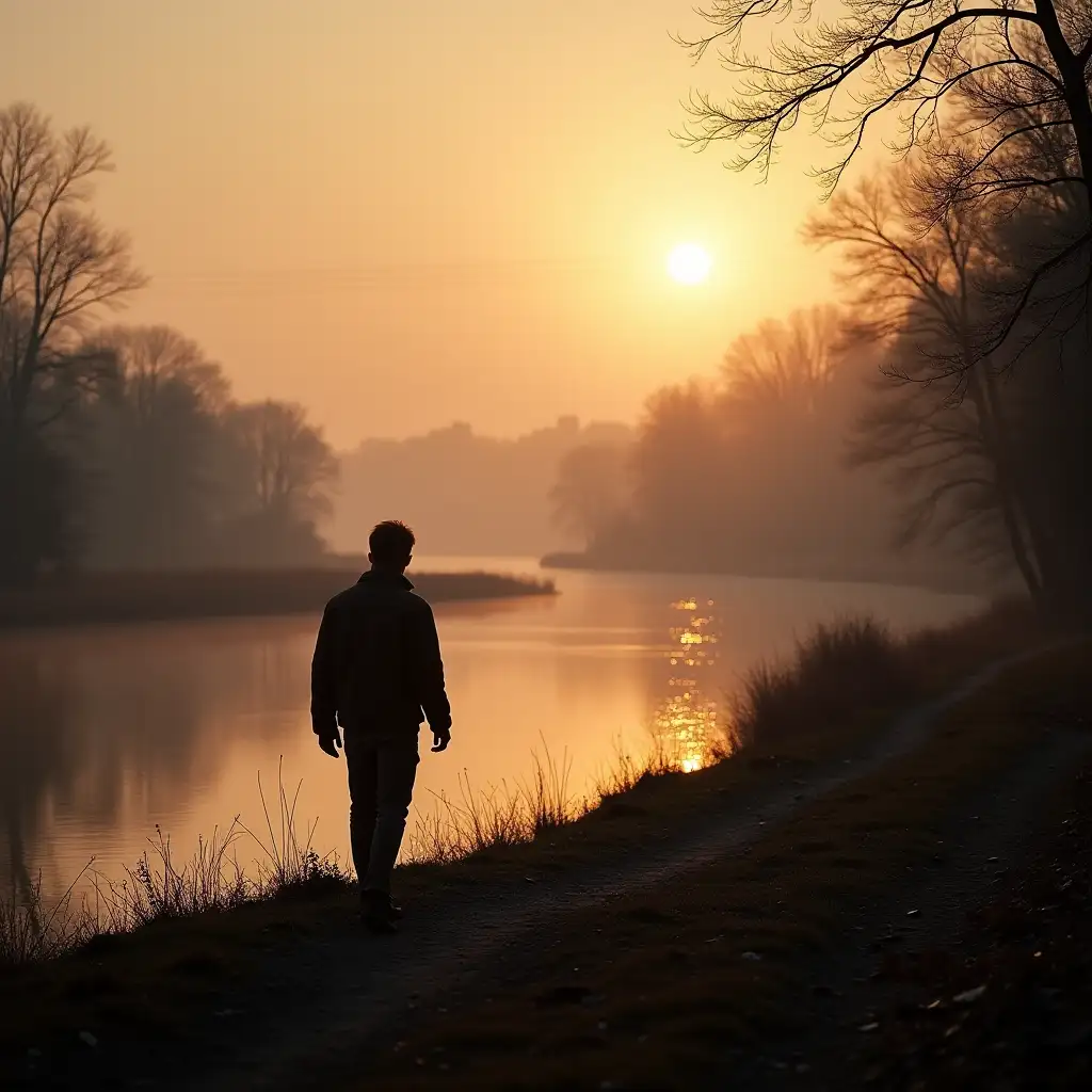 Silhouetted-Man-Strolling-Along-a-Serene-Riverbank