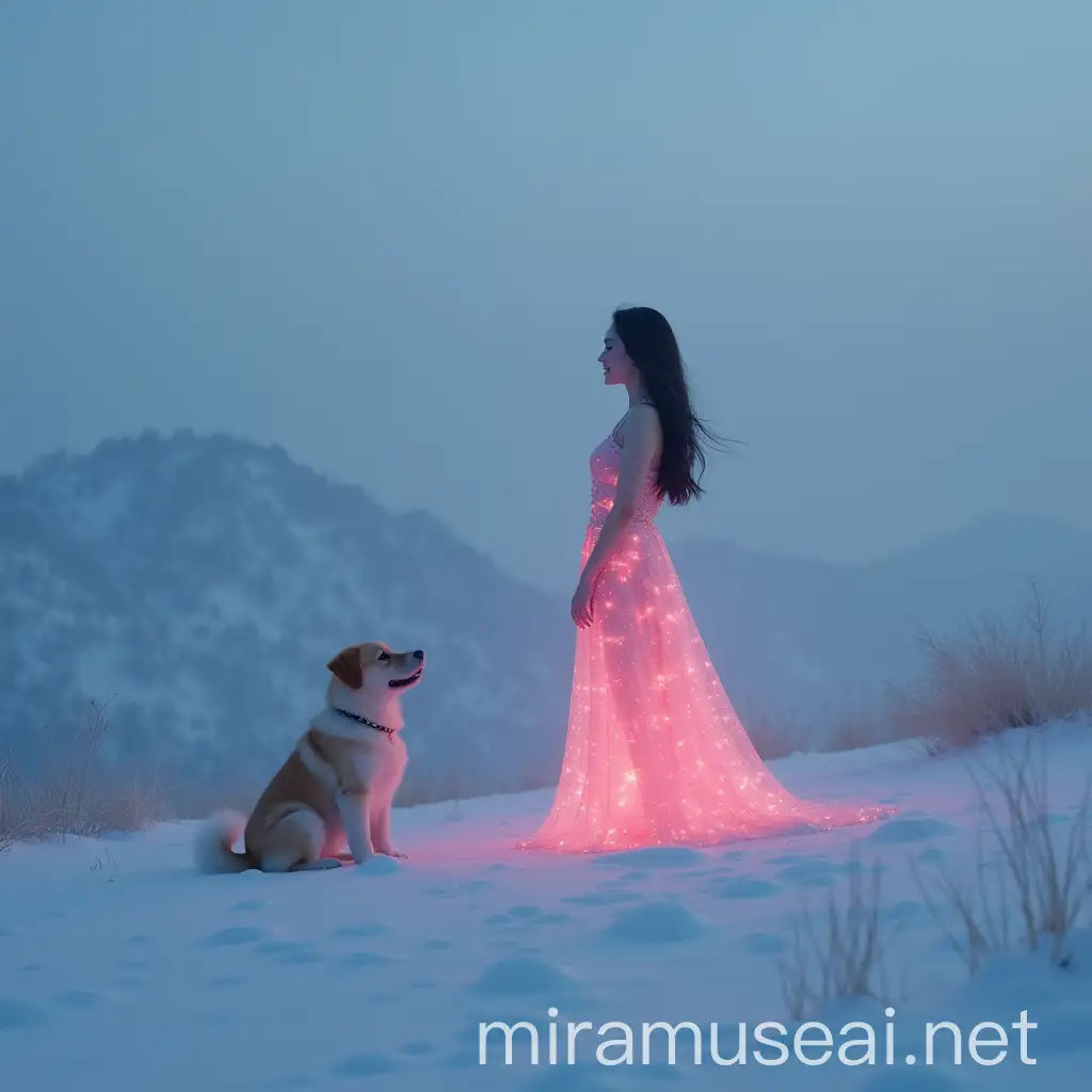 Woman with Small Dog on Mountain Peak in Winter Fog