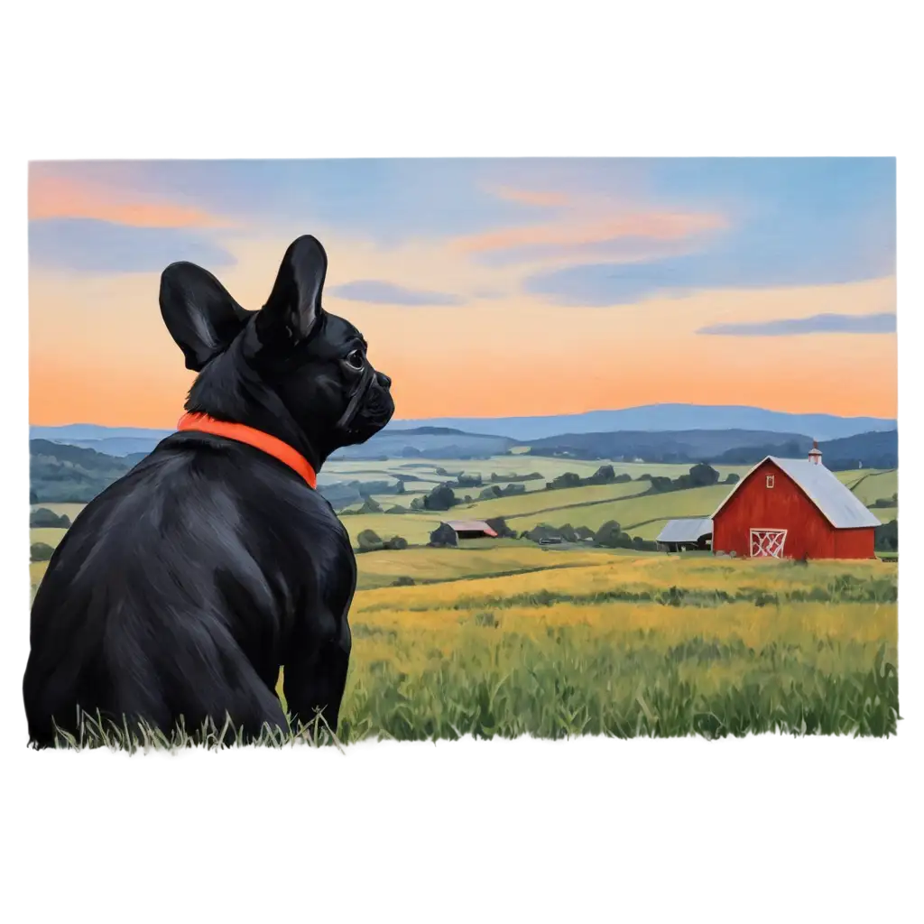 Abstract-Frenchie-Looking-Out-to-the-Sunrise-on-a-Hill-with-a-Barn-in-the-Background-PNG-Image-for-HighQuality-Digital-Use