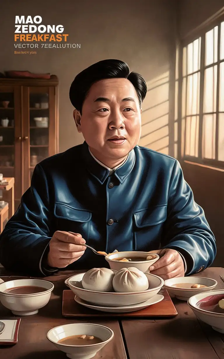 Chairman Kim Il-sung having breakfast, digital art vector illustration, realism, ink drawing, clear and sharp focus and high resolution - original style