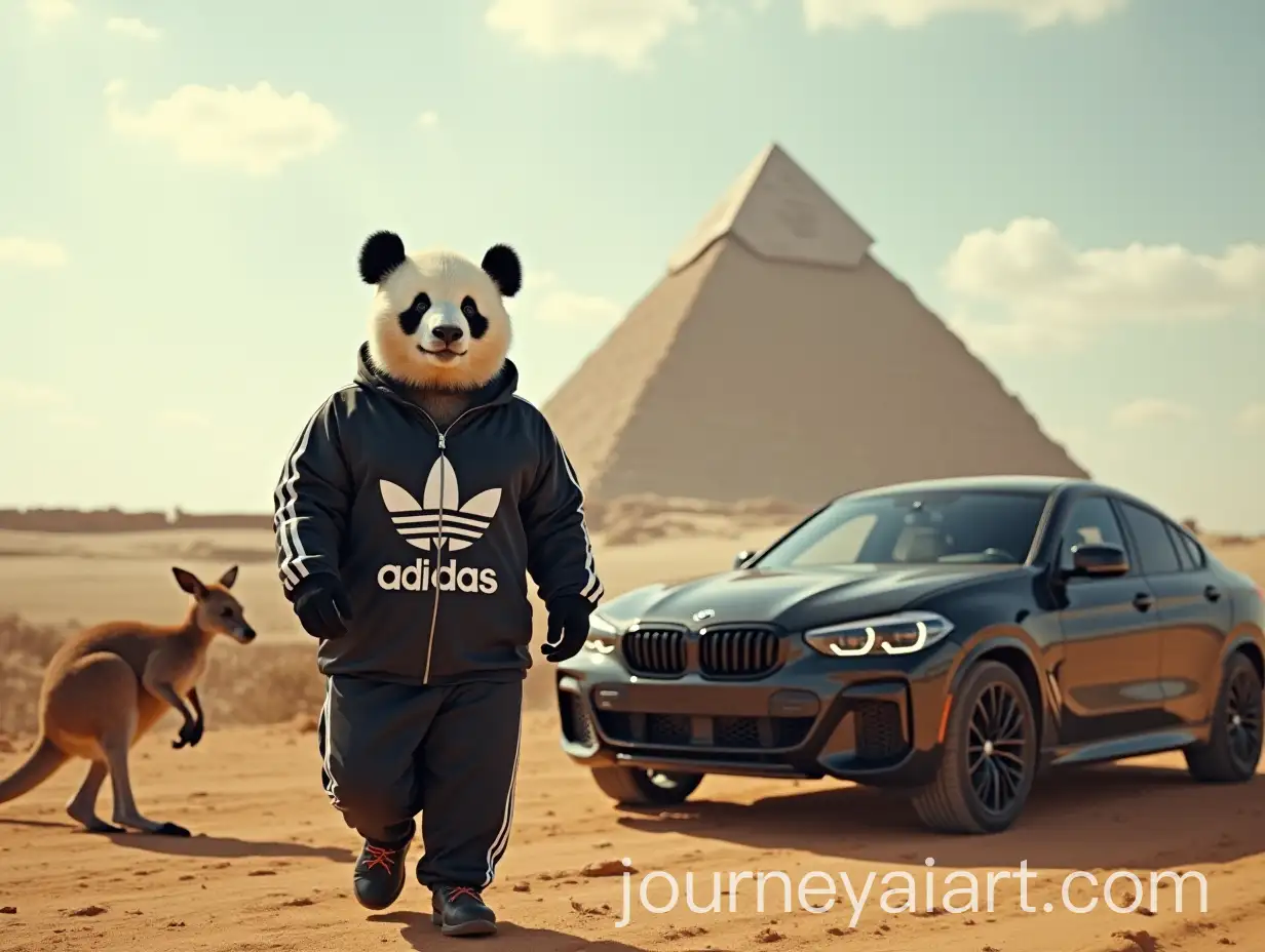 Panda-in-Adidas-Sportsuit-with-BMW-and-Kangaroos-near-the-Pyramid-of-Cheops