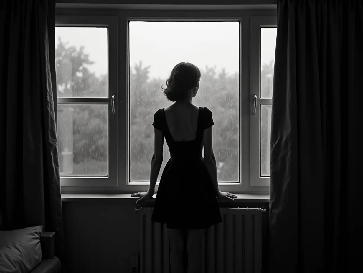 Young-Woman-in-60s-Style-Gazing-Through-Rainy-Window-with-Melancholic-Atmosphere