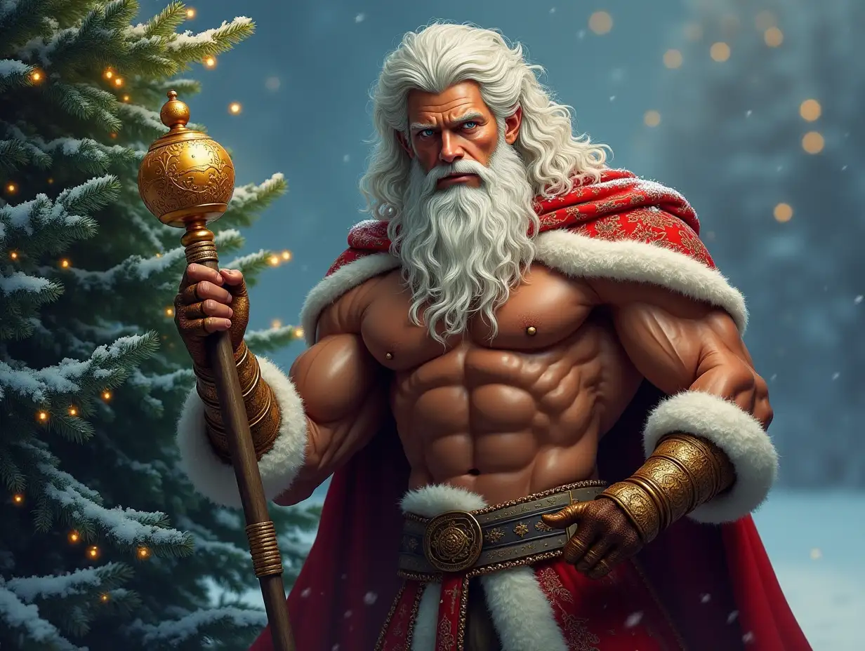 russian folk art, New Year's modern winter man Henry Cavill, pumped up muscular torso, scepter in hand with a golden knob, long white beard, curly white long hair , rich fashion illustration, photorealism, dynamic beautiful pose near the fir tree