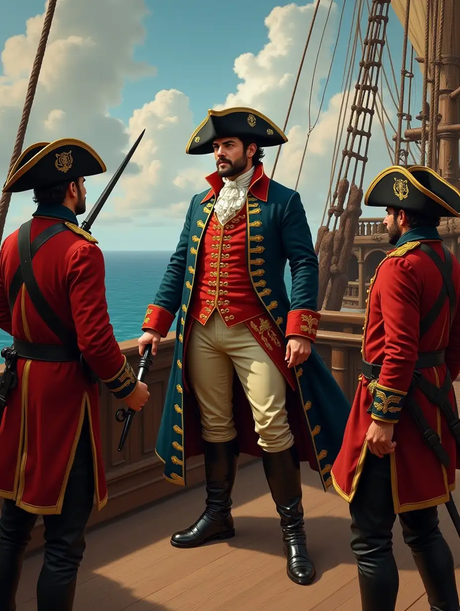 Detailed painting of British navy captain in 18th century on ship deck, ambushed by two Spanish guards with swords, 2d animation painting style