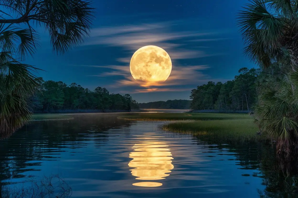 Golden-Moonlit-Reflection-over-Lowcountry-Marsh-with-Palmetto-Trees