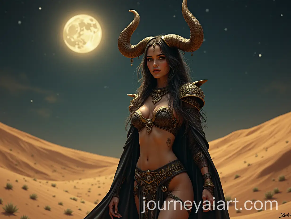 Young-European-Female-Horned-Villain-in-Desert-Night-with-OrnateAI-Image-Prompt-Expansion-Armor-and-Metallic-Jewelry
