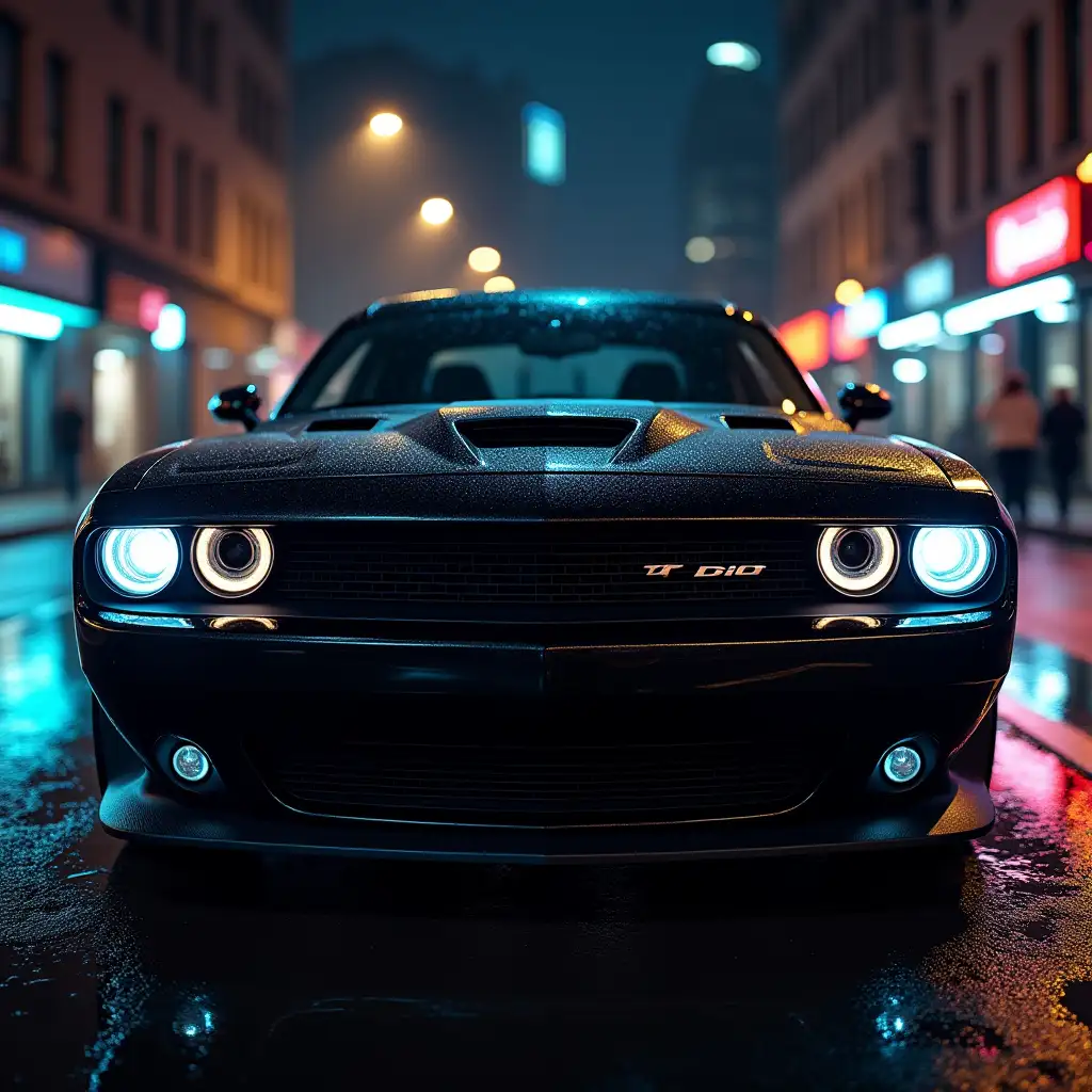 A sleek black muscle car with a glossy finish, parked on a wet city street at night. Neon lights from the urban skyline reflect off the car's surface and the wet pavement, creating a cinematic and moody atmosphere. The headlights are on, casting a soft glow. The image should be a single cohesive composition, not split into separate sections.