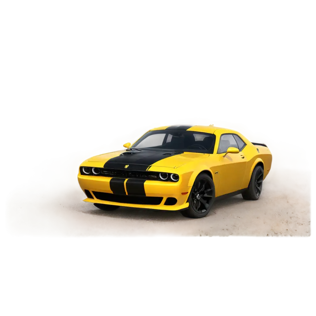 Generate an image of a 2024 Dodge Challenger Demon in a vibrant yellow color, parked in a desolate desert at night. The background should be filled with swirling fog, creating a mysterious and eerie atmosphere. The car should be equipped with racing stripes, a lowered suspension, and a custom exhaust system. The headlights should be illuminated, cutting through the fog.