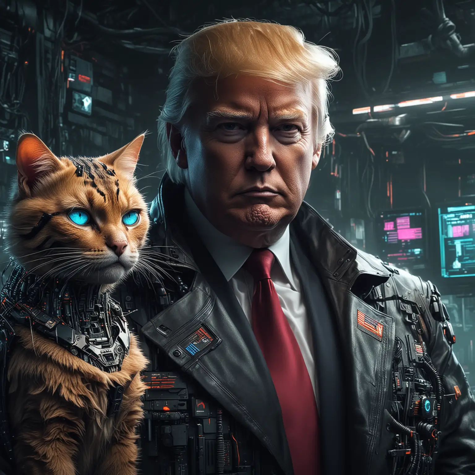 Donald Trump in cyberpunk style next to a cyber cat