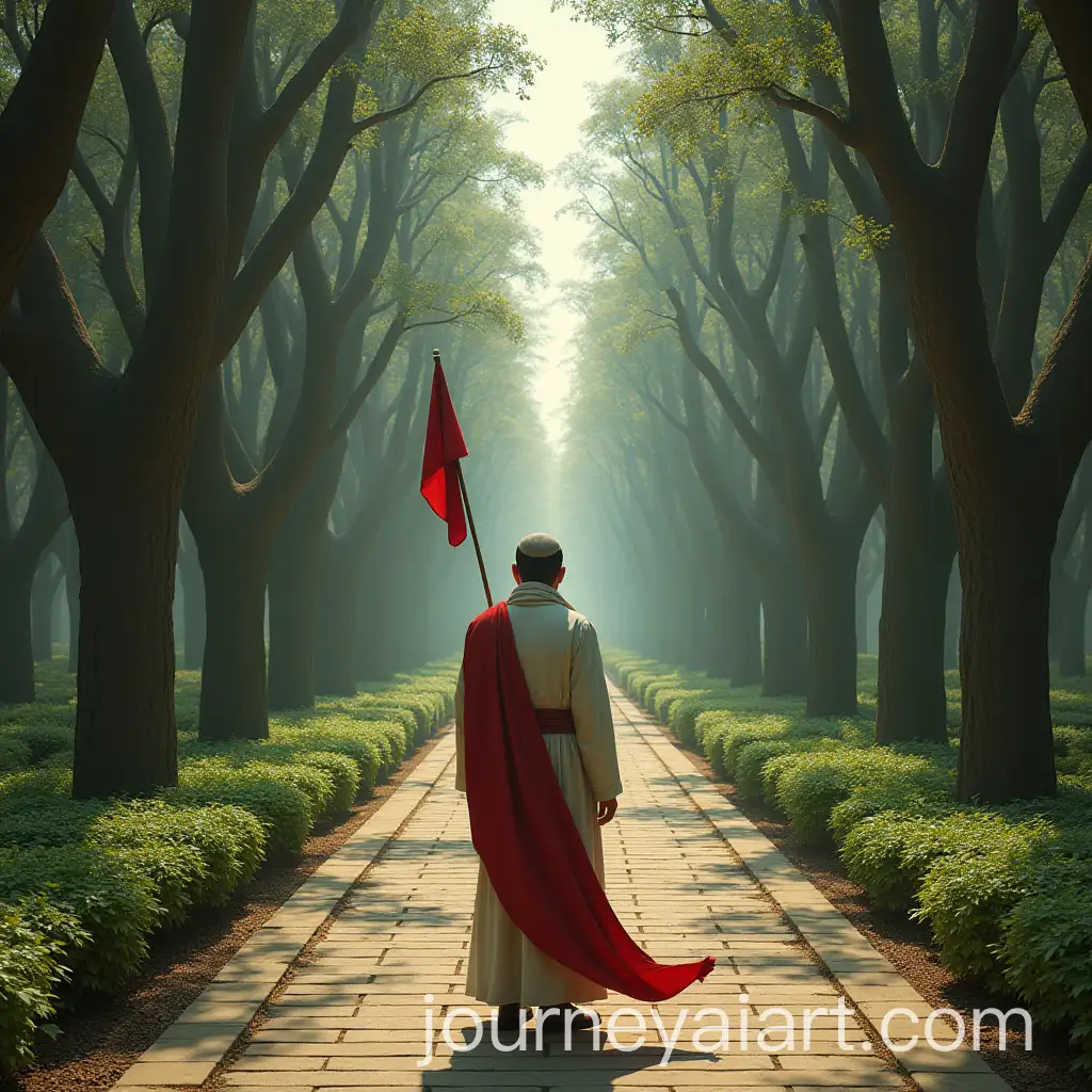 Person-Holding-Red-Flag-in-Garden-with-Large-Trees