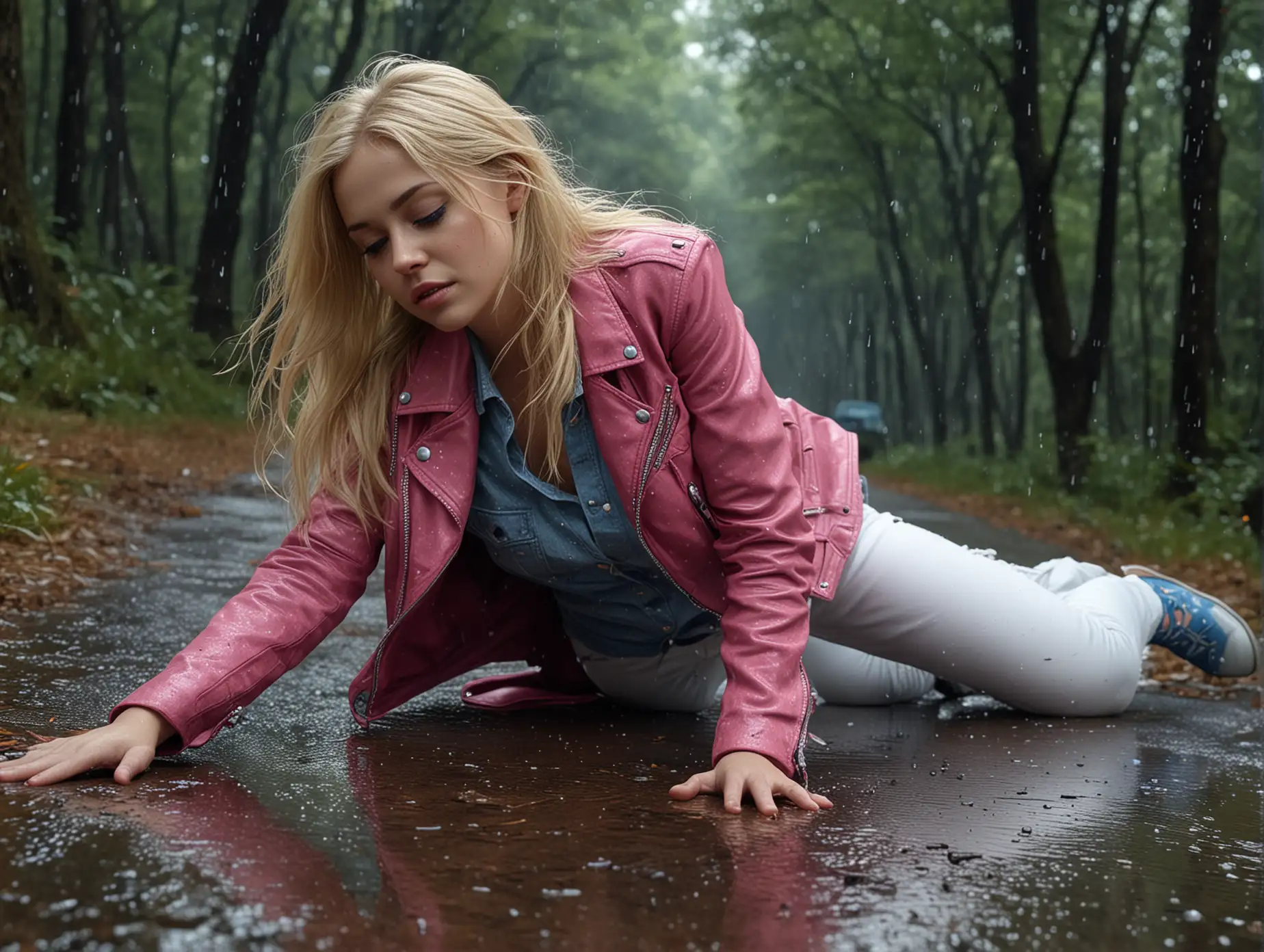 Woman-in-Pink-Leather-Jacket-Crawling-Through-Forest-with-Golden-Sparkling-Rain