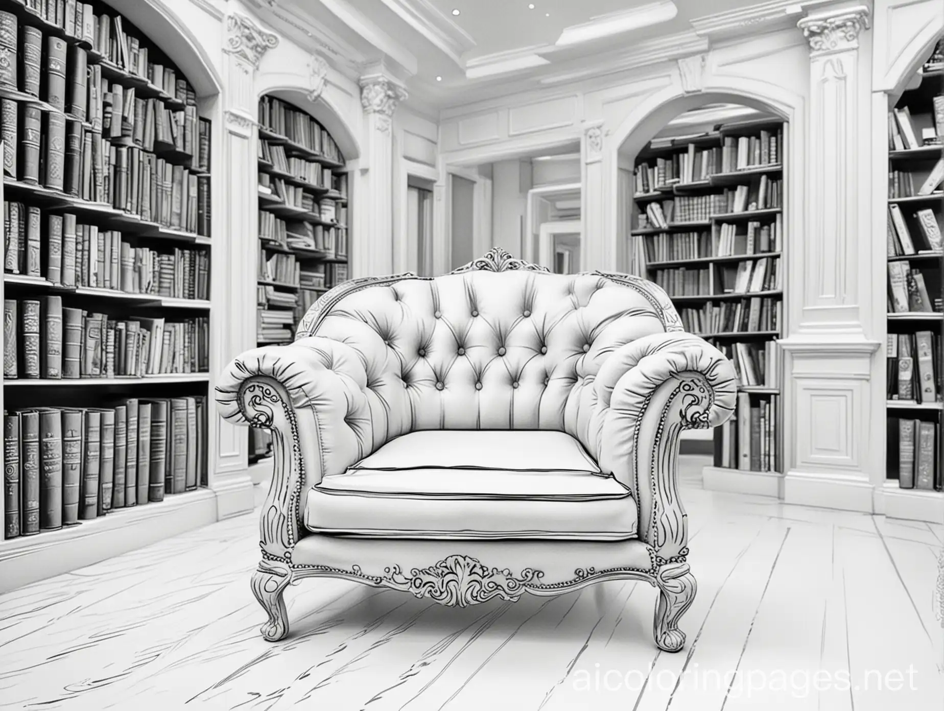 Fancy Library with a big chair, Coloring Page, black and white, line art, white background, Simplicity, Ample White Space. The background of the coloring page is plain white to make it easy for young children to color within the lines. The outlines of all the subjects are easy to distinguish, making it simple for kids to color without too much difficulty