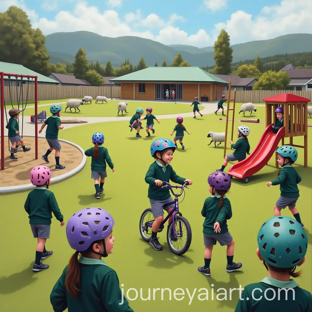 Children-Playing-at-Tewa-Peka-Primary-School-Playground-with-Bike-Helmets-and-Scenic-New-Zealand-Landscape