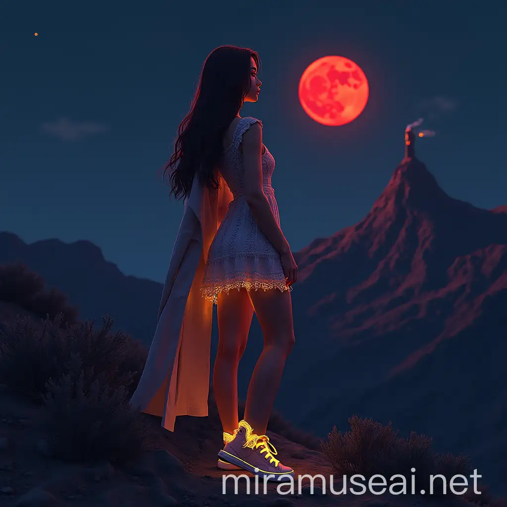 3d 8k minimal realstic illustrator minimal woman beside the volcano in stunning california villa wearing amazing digital Nano light stunning crochet dress with digital Nano light and red moon with highlight at the midnight 3D 8k minimal illustrator minimal women fairytale sitting on the cornor of the california huge and high building with her lightyellow digitallight stunning dress nice breast light in the midnight with her yellow digital light suite with her longest hair and beautiful face watching the amazing sunset cinematic reflection Aivision, strong neon colors, full body of beautiful young women with dramatic expression, prety blue eyes , full red lips, brown hair, She wears blouse ,Mini skirt, coat with amazing sneakers in neon colors,full body . Modern cloth. she stands in the street anxiously , dark winter environment and gloomy, image realistic, realistic facial features, Fairy Tail, Extremely detailed , intricate , beautiful , fantastic view , elegant , crispy quality Federico Bebber's expressive, full body, Coordinated colours, night