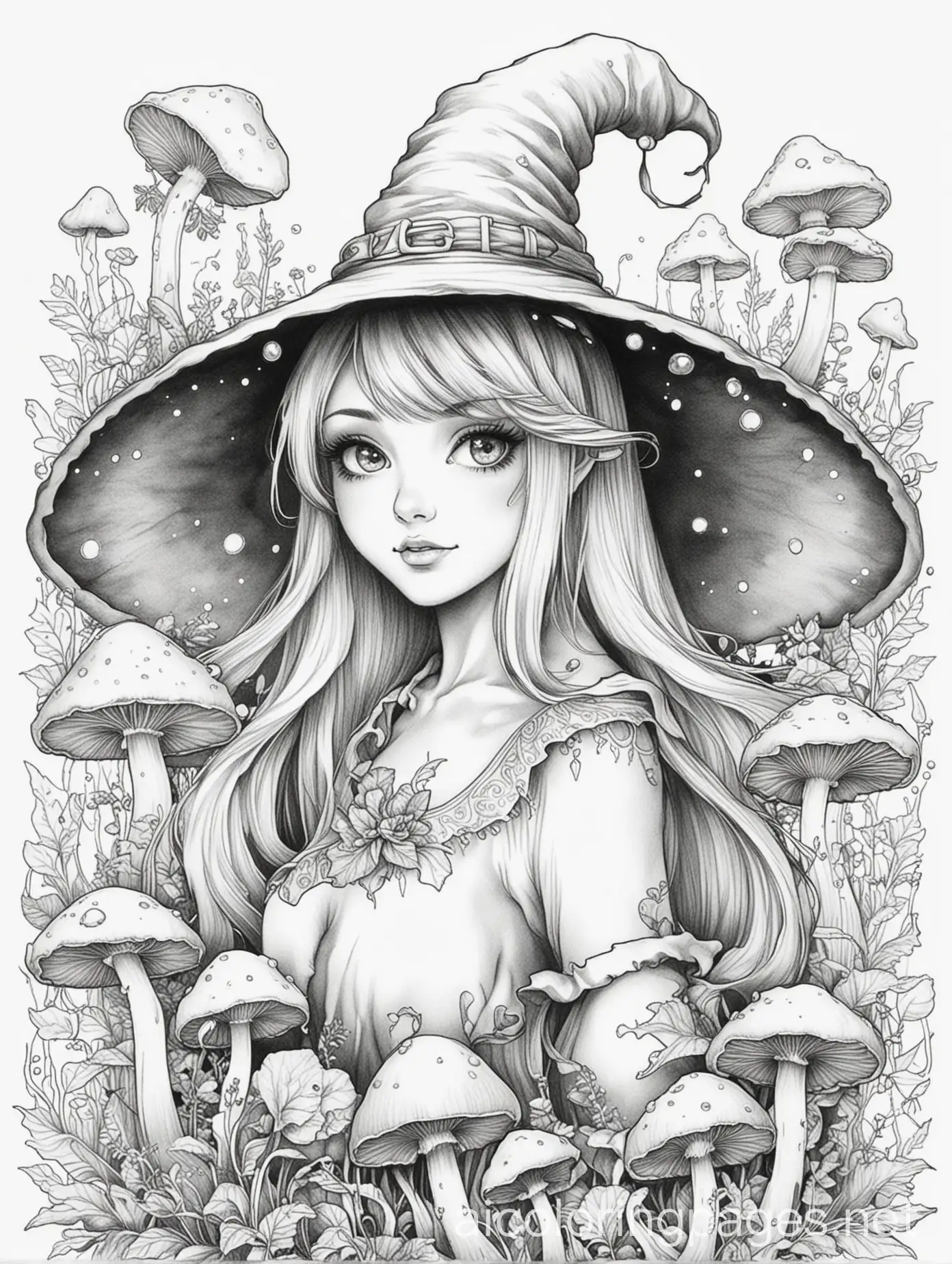 Anime-Spooky-Woman-with-Witch-Hat-and-Mushrooms-Coloring-Page