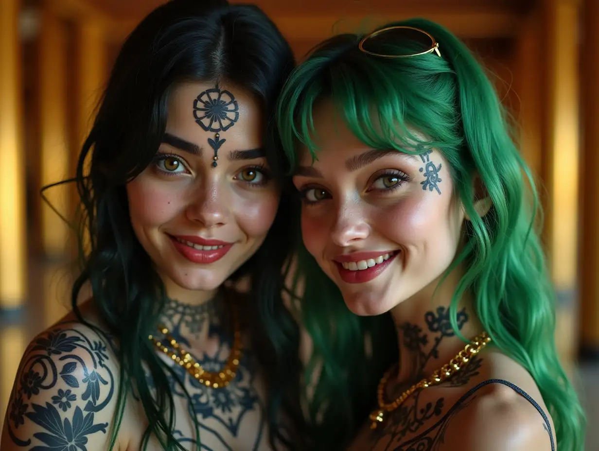 Two young black and white patternngirls with alien face, withngreen hair, with a slightnsmile on their faces, highlightingntheir smile, modern retronjewelry, in a temple with much goldndifferent shades 4k