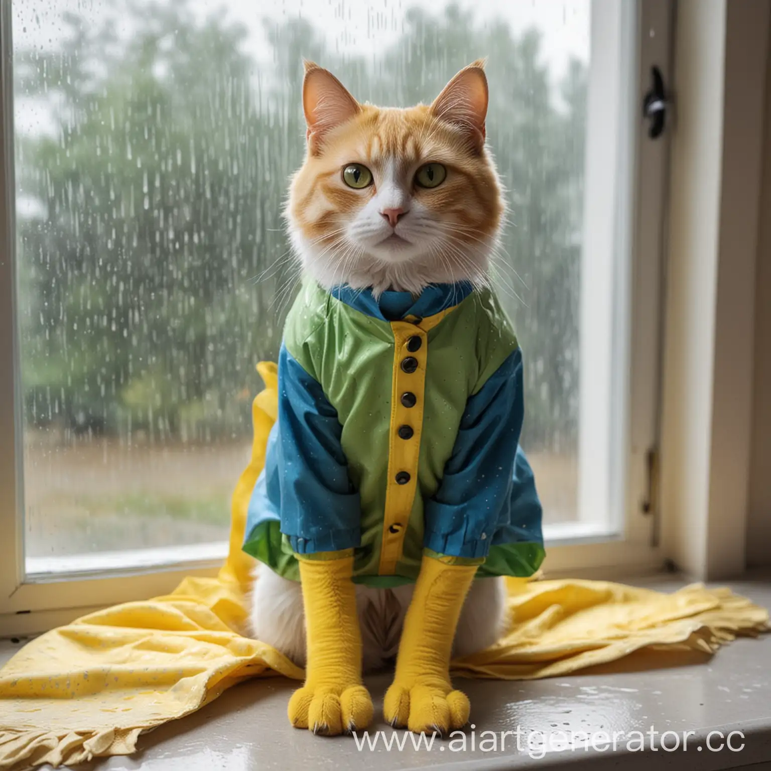 Cat-in-Colorful-Costume-Sitting-by-Rainy-Window