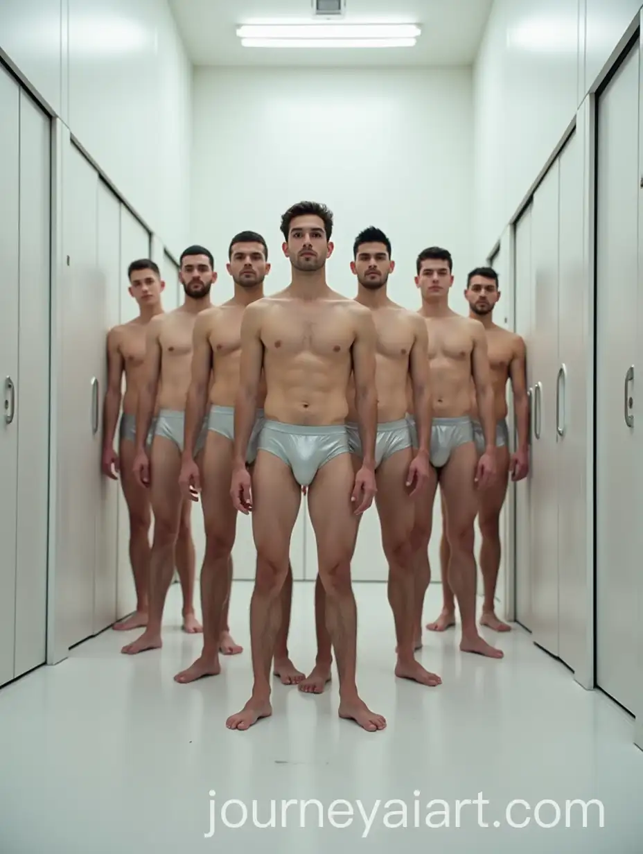 Group-of-Men-in-Silver-Underwear-Standing-in-Formation-in-Minimalist-Storage-Room