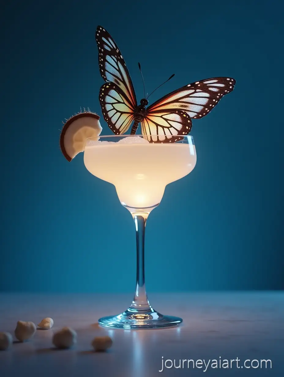 Glowing-ButterflyAI-Art-Prompt-Expansion-Resting-on-White-Cocktail-with-Coconut-Garnish-in-Photorealistic-Still-Life